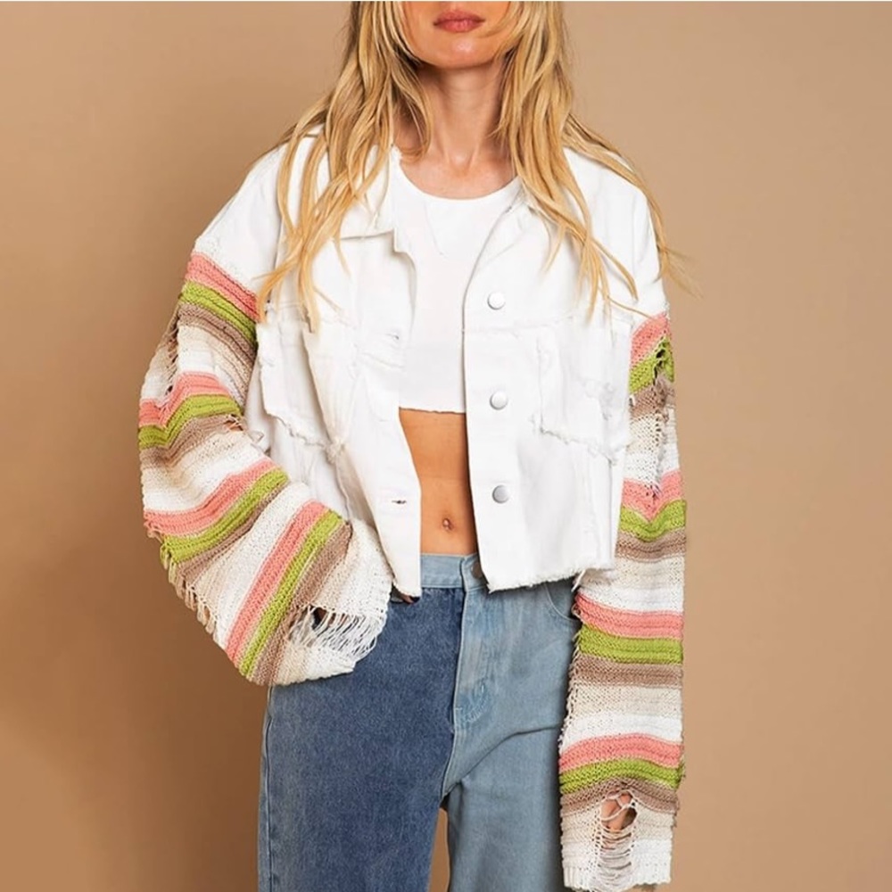 Joiemont Women's  White Cropped Denim Crochet Jacket Size S NWT